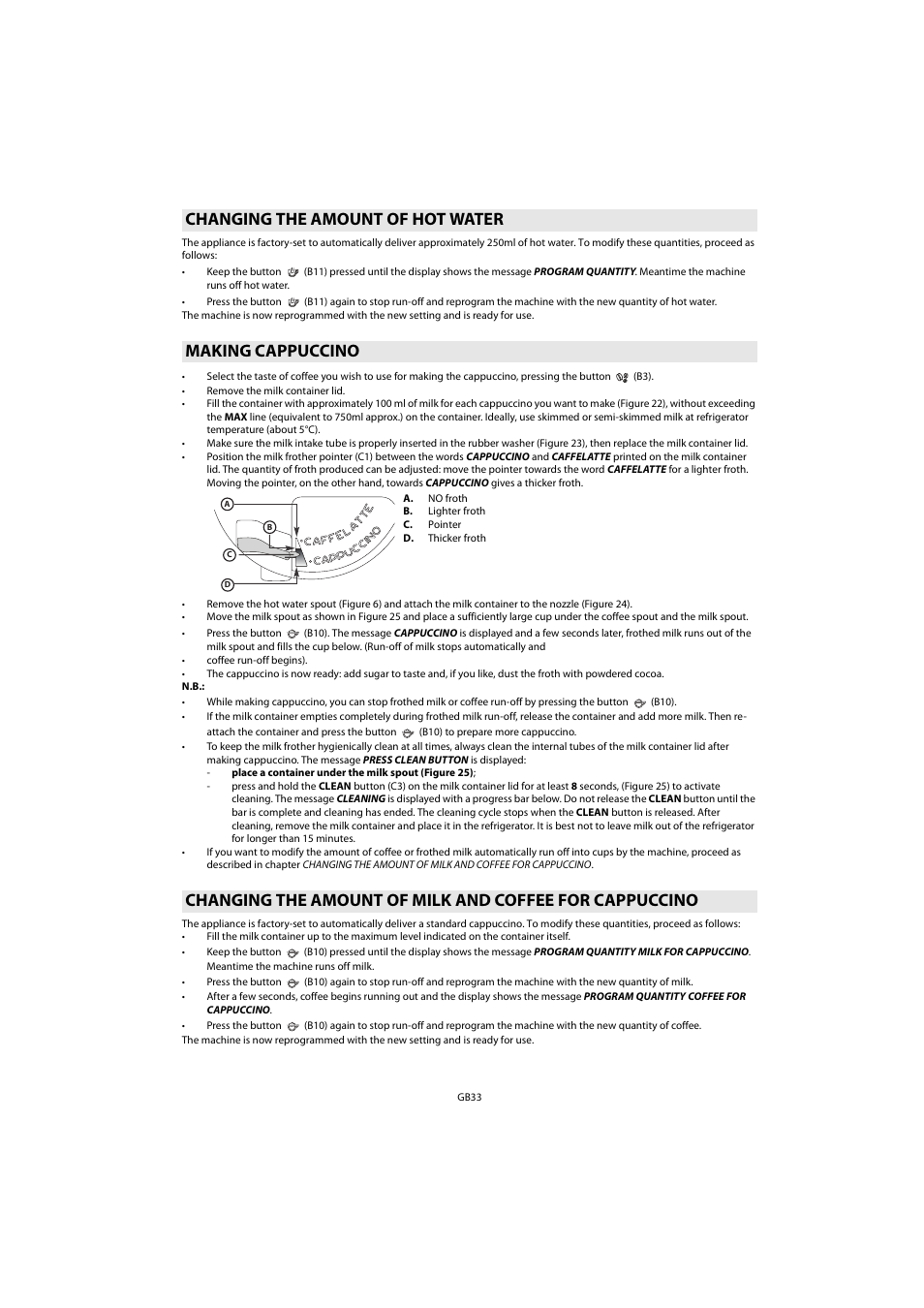 Changing the amount of hot water, Making cappuccino, Changing the amount of hot water making cappuccino | Whirlpool ACE 102 IXL User Manual | Page 35 / 298