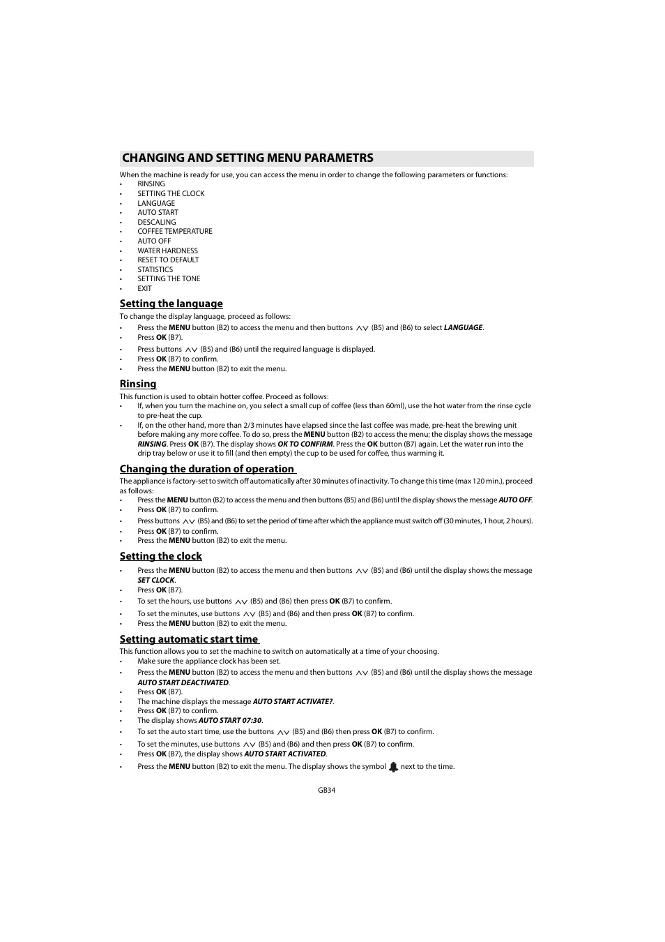 Changing and setting menu parametrs, Setting the language, Rinsing | Changing the duration of operation, Setting the clock, Setting automatic start time, Changing and setting menu parametrs , fu | Whirlpool ACE 102 IXL User Manual | Page 36 / 298