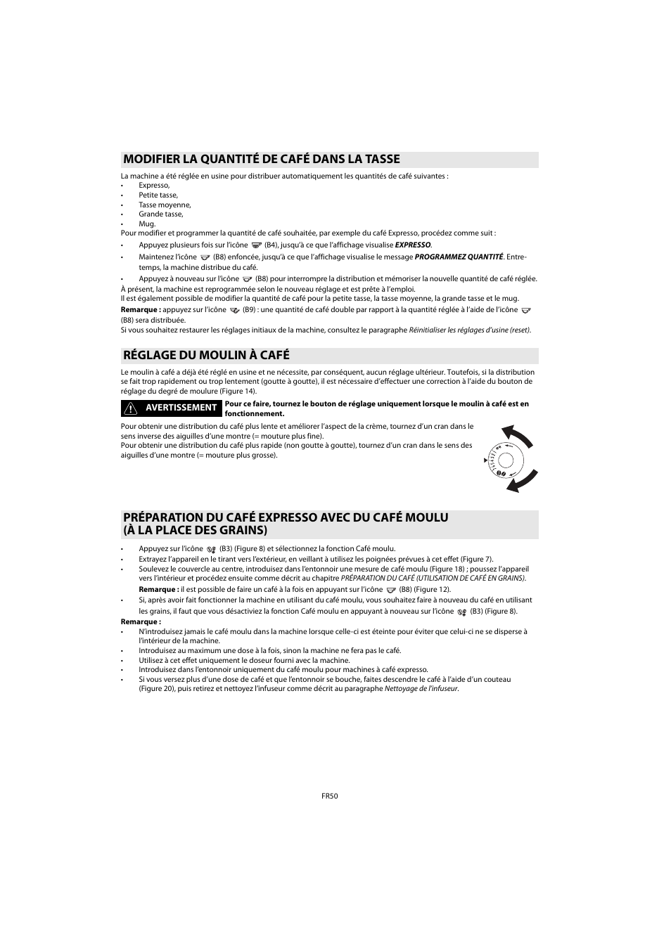 Modifier la quantité de café dans la tasse, Réglage du moulin à café | Whirlpool ACE 102 IXL User Manual | Page 52 / 298
