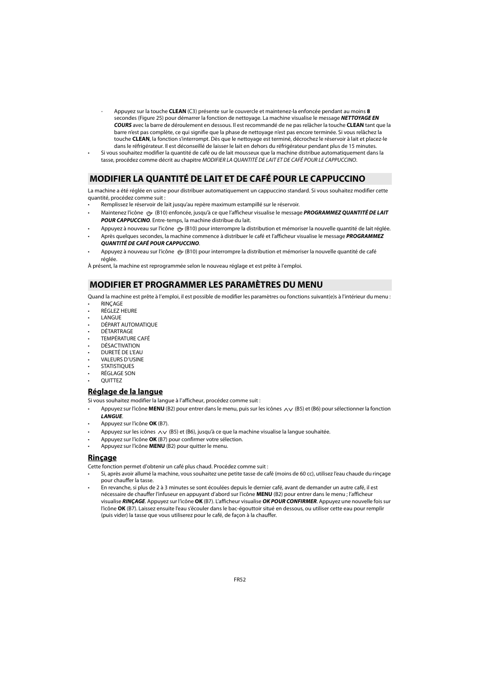 Modifier et programmer les paramètres du menu, Réglage de la langue, Rinçage | Réglage de la langue rinçage | Whirlpool ACE 102 IXL User Manual | Page 54 / 298