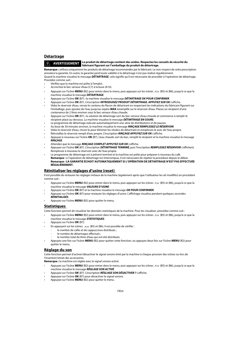 Détartrage, Réinitialiser les réglages d’usine (reset), Statistiques | Réglage du son | Whirlpool ACE 102 IXL User Manual | Page 56 / 298