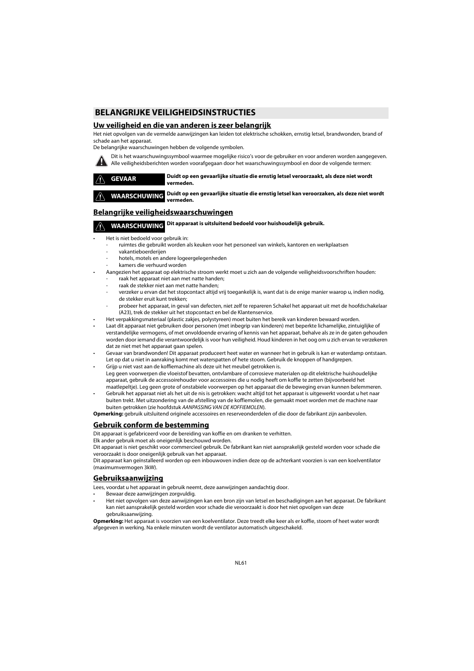 Belangrijke veiligheidsinstructies, Belangrijke veiligheidswaarschuwingen, Gebruik conform de bestemming | Gebruiksaanwijzing | Whirlpool ACE 102 IXL User Manual | Page 63 / 298