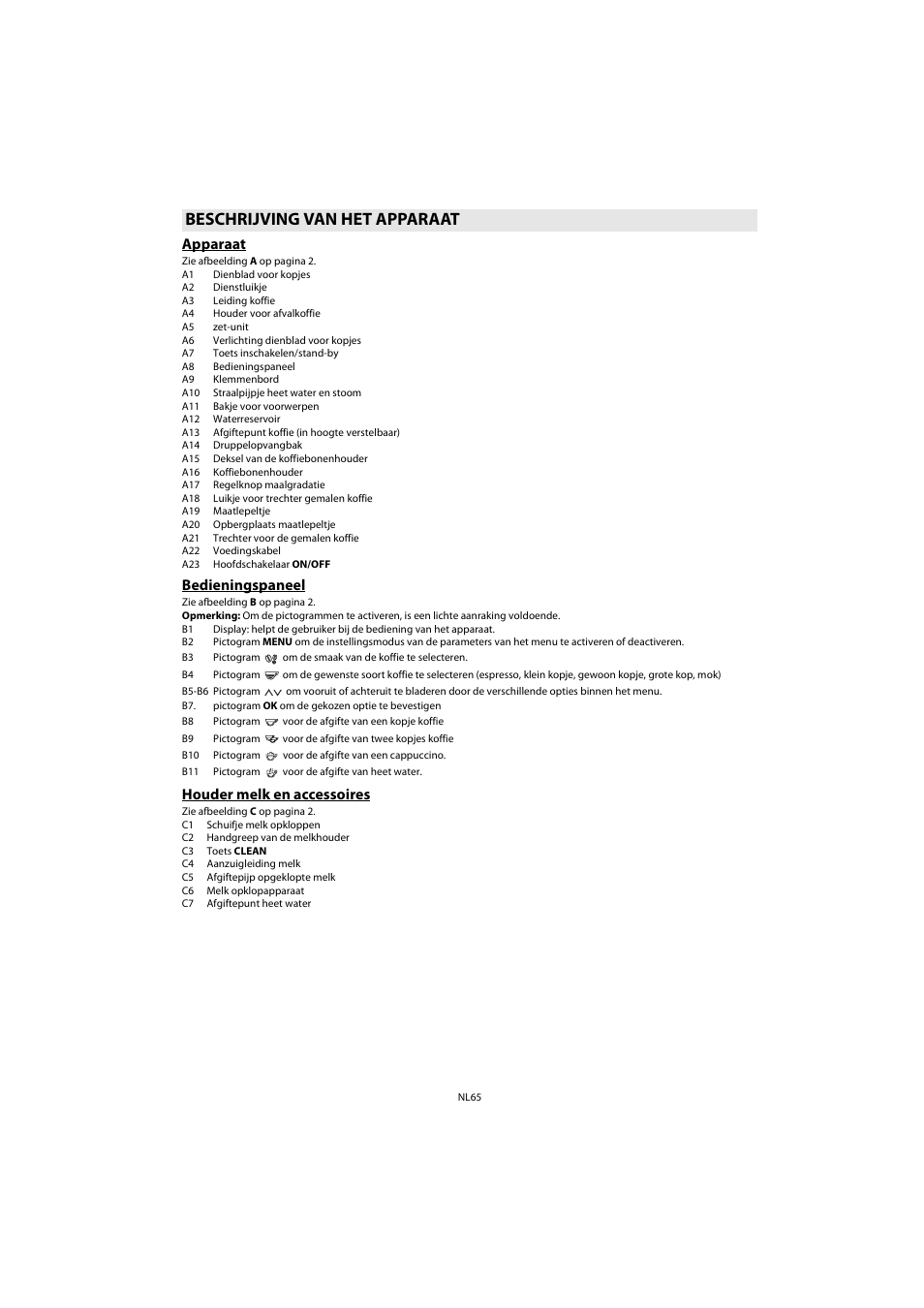 Beschrijving van het apparaat, Apparaat, Bedieningspaneel | Houder melk en accessoires | Whirlpool ACE 102 IXL User Manual | Page 67 / 298