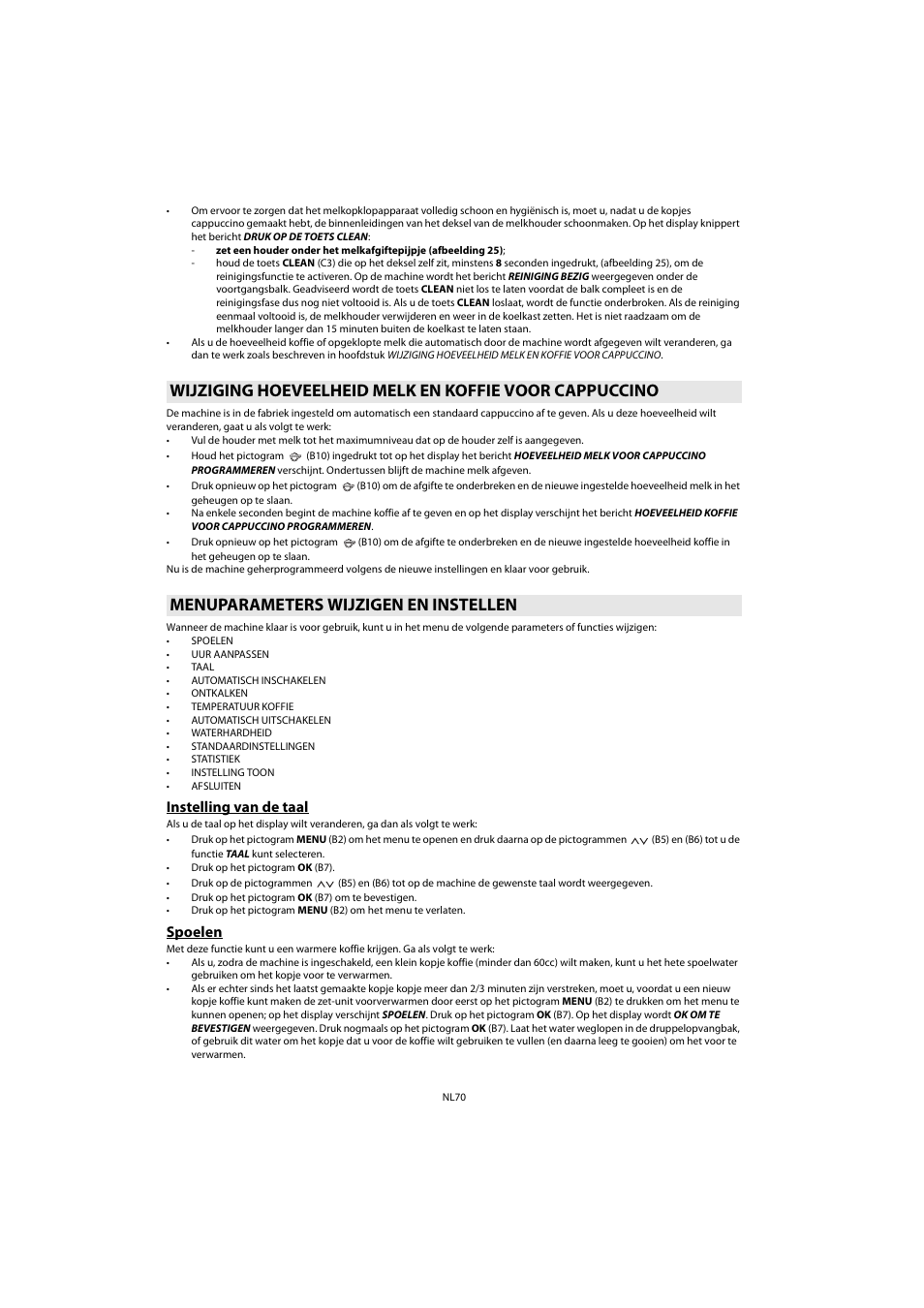 Menuparameters wijzigen en instellen, Instelling van de taal, Spoelen | Instelling van de taal spoelen, K menuparameters wijzigen en instellen , fu | Whirlpool ACE 102 IXL User Manual | Page 72 / 298