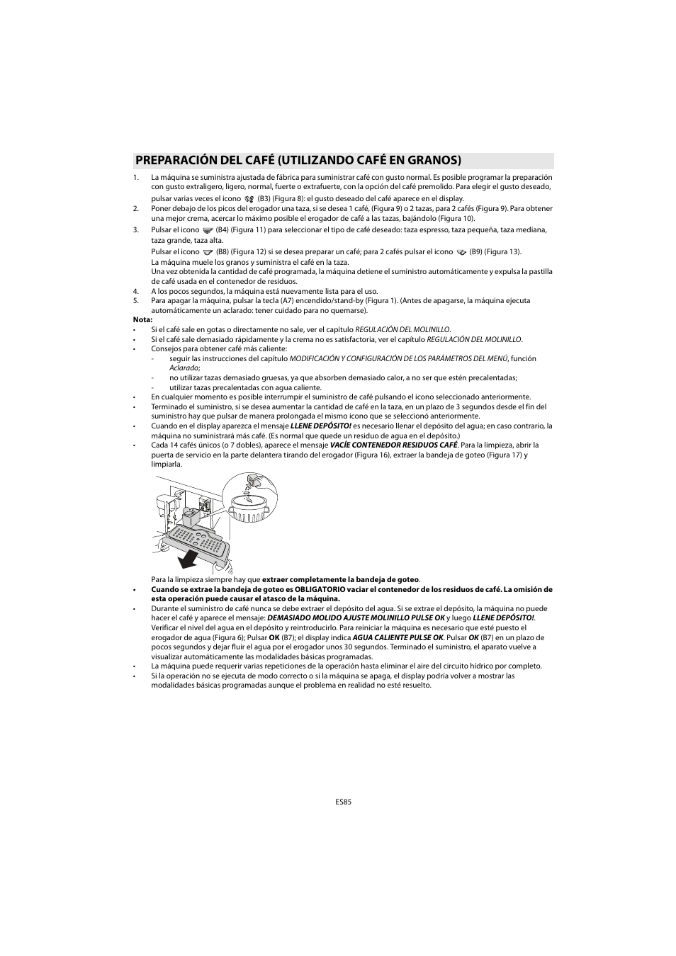 Preparación del café (utilizando café en granos) | Whirlpool ACE 102 IXL User Manual | Page 87 / 298