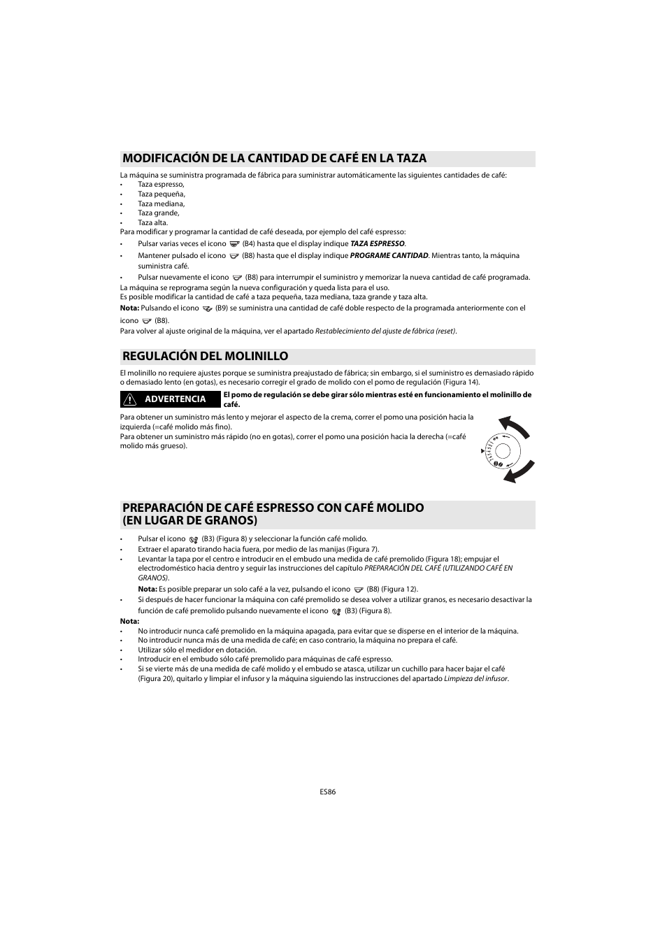 Modificación de la cantidad de café en la taza, Regulación del molinillo | Whirlpool ACE 102 IXL User Manual | Page 88 / 298