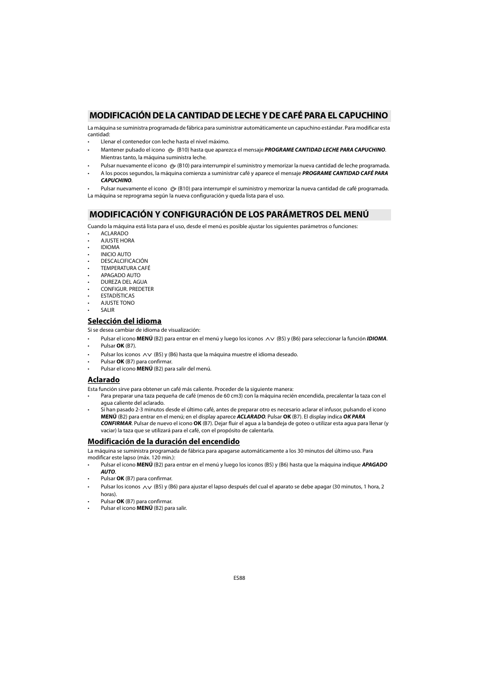 Selección del idioma, Aclarado, Modificación de la duración del encendido | Whirlpool ACE 102 IXL User Manual | Page 90 / 298