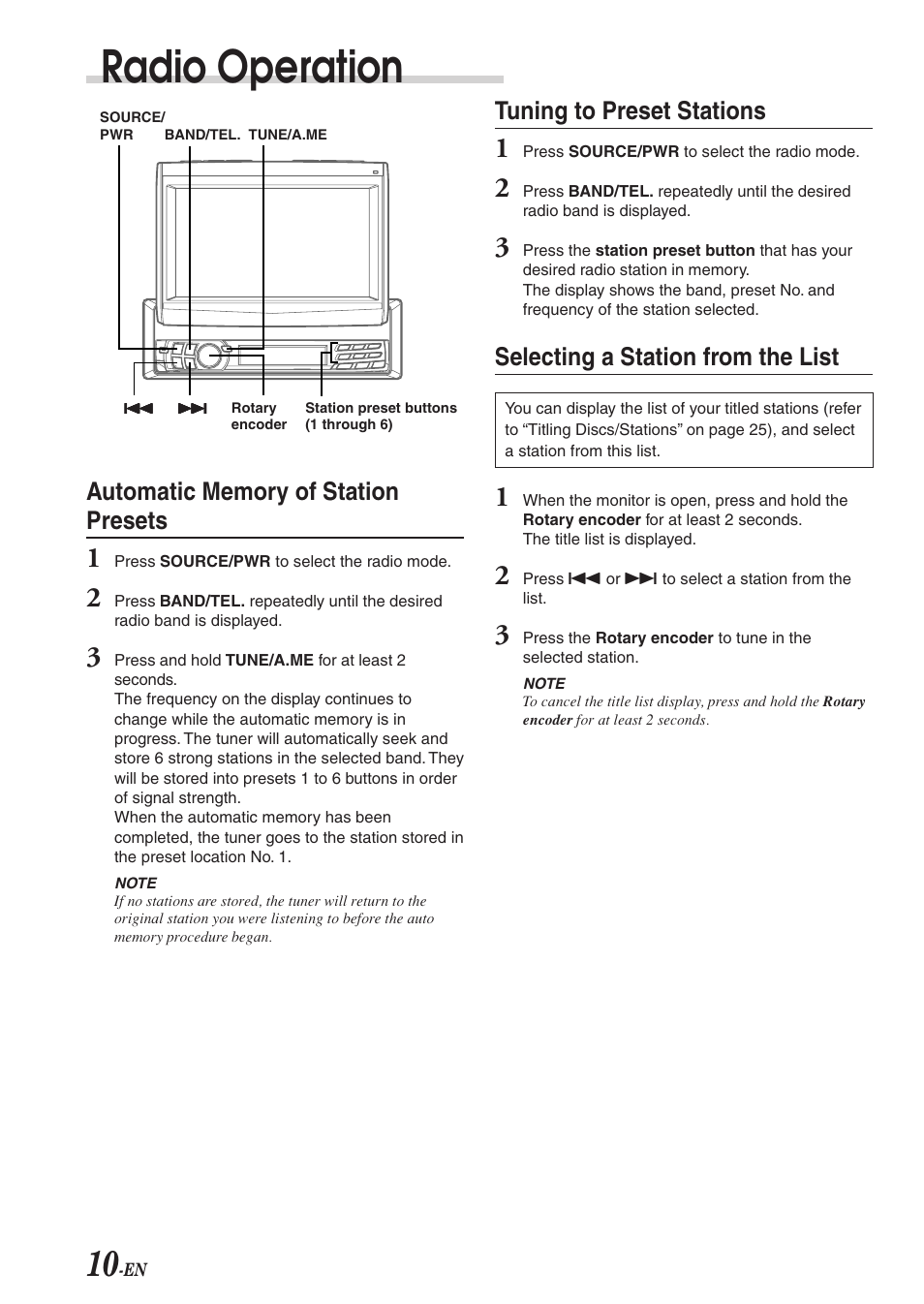 Radio operation, Tuning to preset stations, Selecting a station from the list | Alpine CVA-1004 User Manual | Page 12 / 57