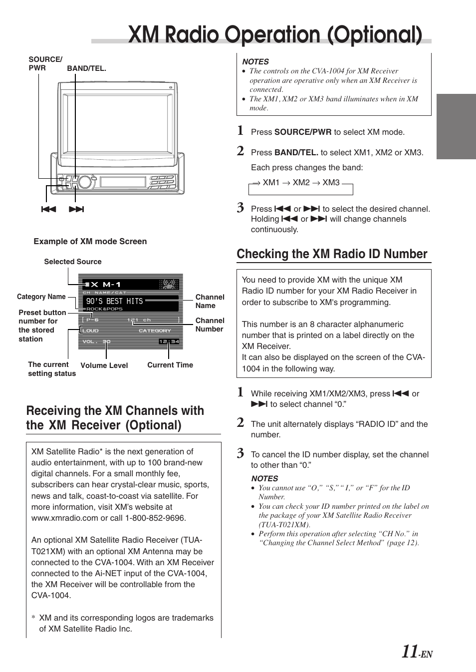 Xm radio operation (optional), Checking the xm radio id number | Alpine CVA-1004 User Manual | Page 13 / 57