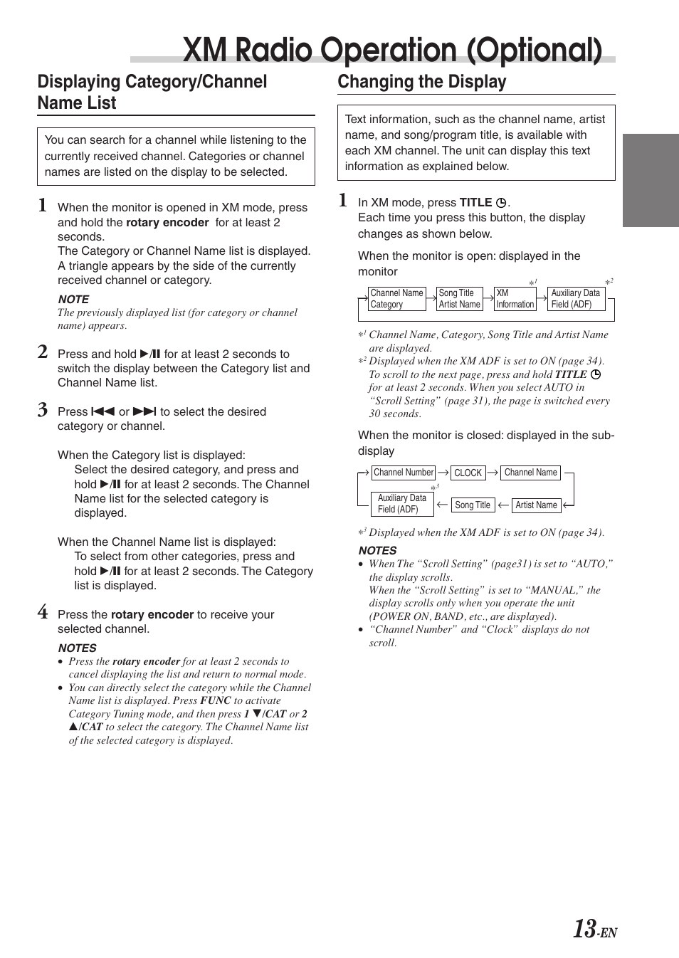 Xm radio operation (optional), Changing the display, Displaying category/channel name list | Alpine CVA-1004 User Manual | Page 15 / 57