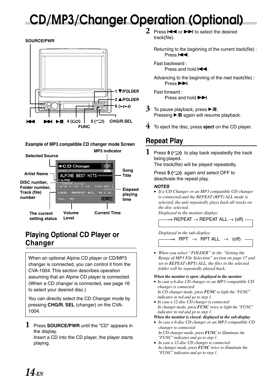 Cd/mp3/changer operation (optional), Playing optional cd player or changer, Repeat play | Alpine CVA-1004 User Manual | Page 16 / 57