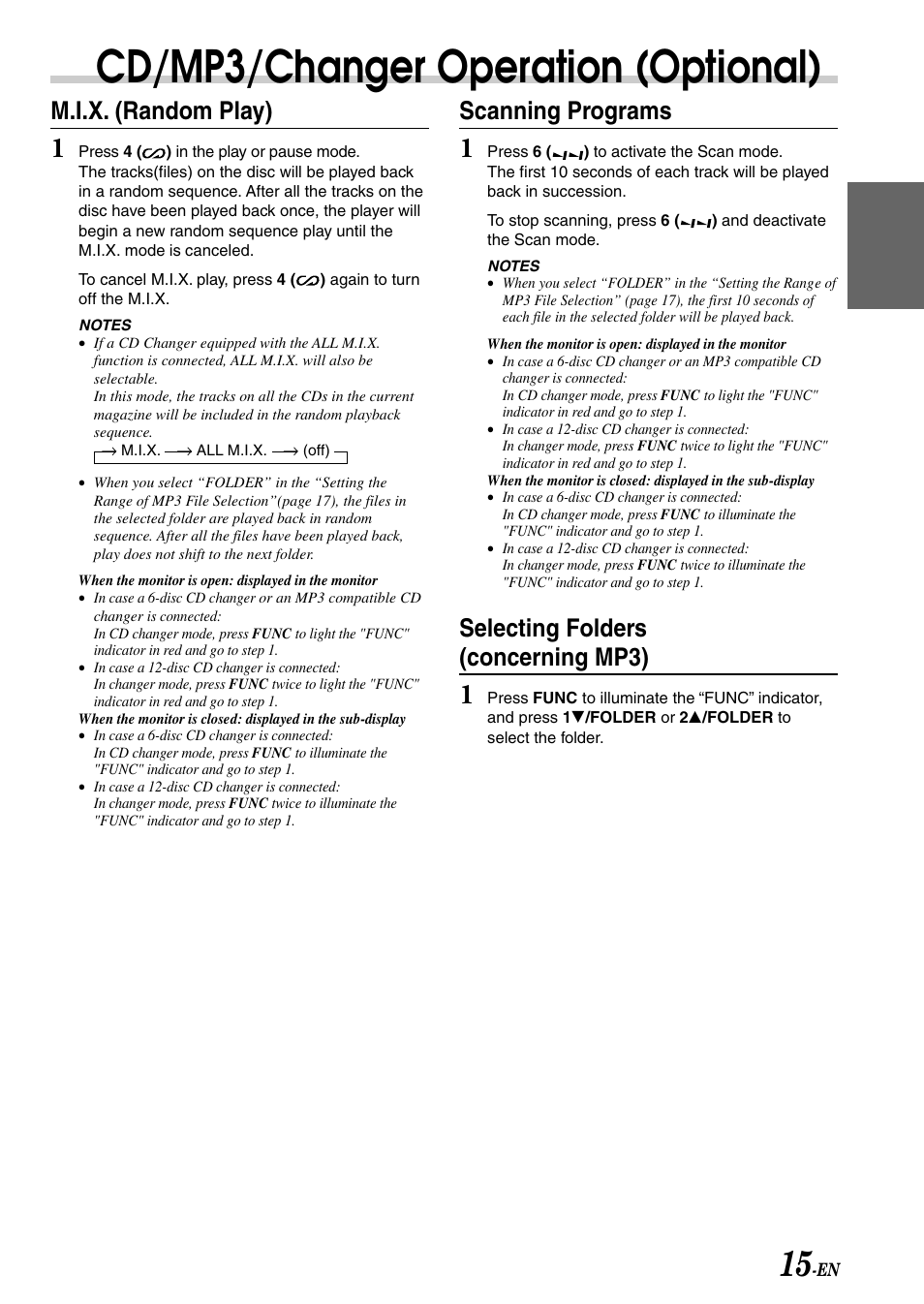 Cd/mp3/changer operation (optional), M.i.x. (random play), Scanning programs | Selecting folders (concerning mp3) | Alpine CVA-1004 User Manual | Page 17 / 57