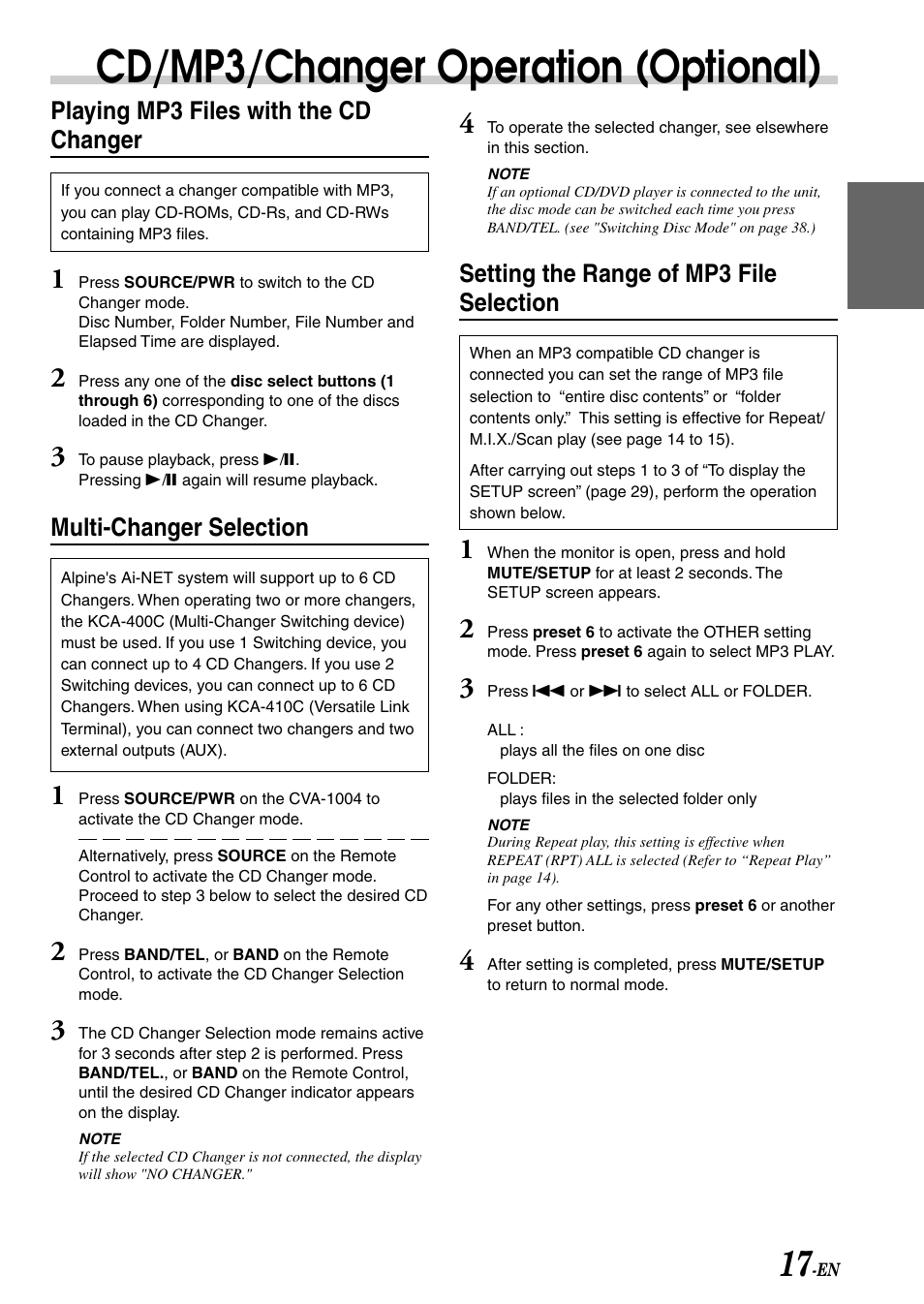 Cd/mp3/changer operation (optional), Playing mp3 files with the cd changer, Multi-changer selection | Setting the range of mp3 file selection | Alpine CVA-1004 User Manual | Page 19 / 57