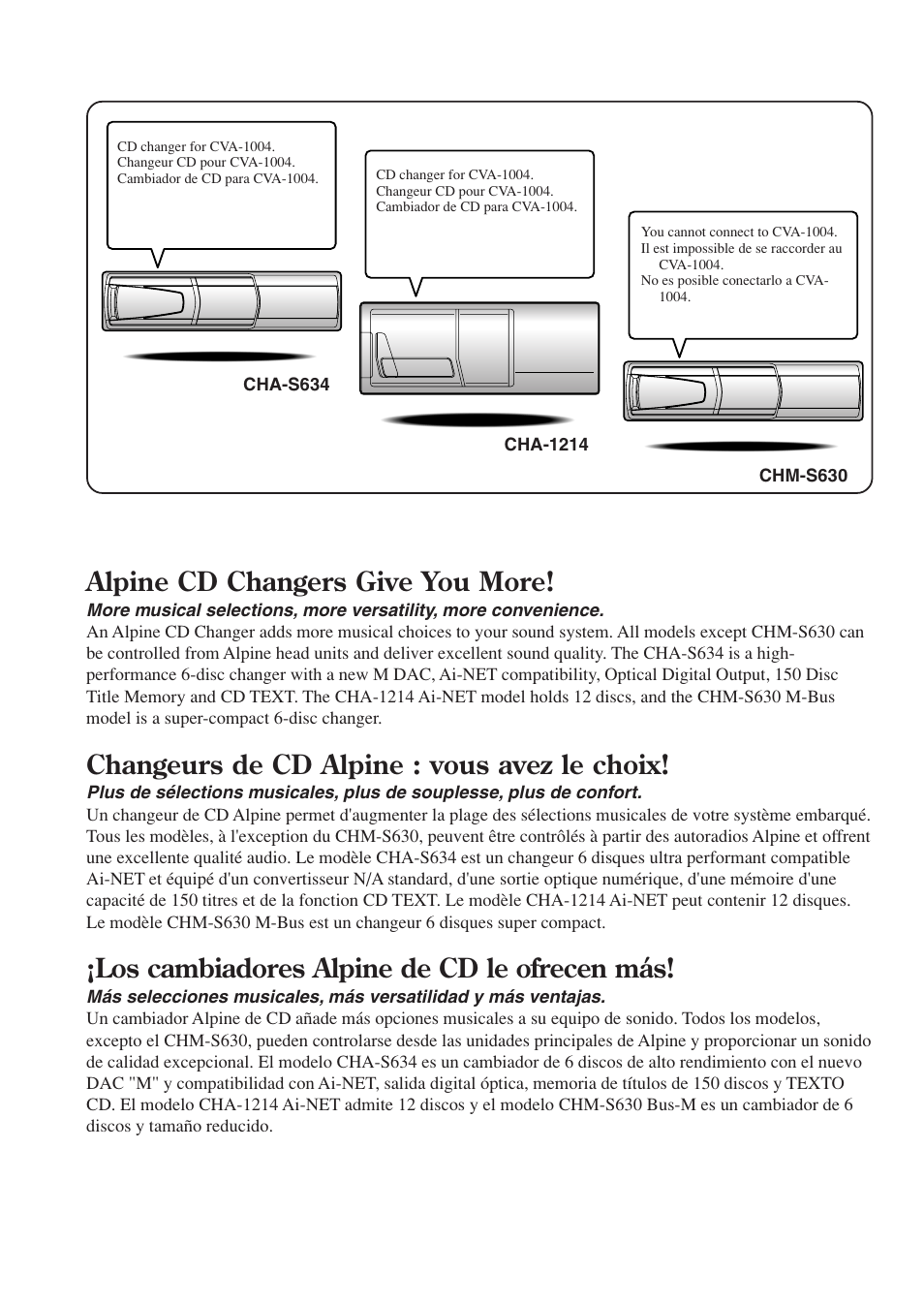 Alpine cd changers give you more, Changeurs de cd alpine : vous avez le choix, Los cambiadores alpine de cd le ofrecen más | Alpine CVA-1004 User Manual | Page 2 / 57