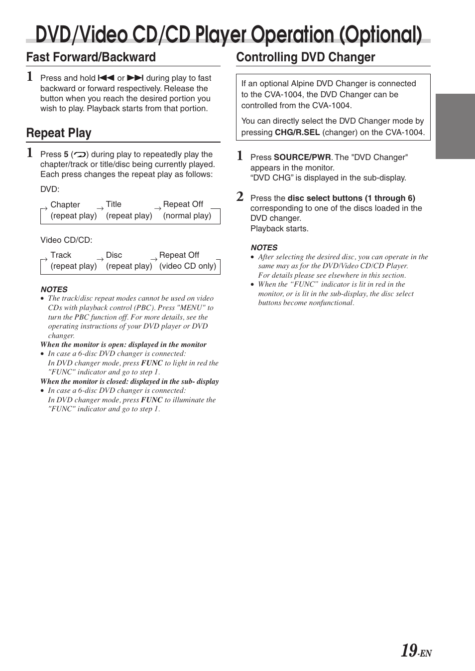 Dvd/video cd/cd player operation (optional), Fast forward/backward, Repeat play | Controlling dvd changer | Alpine CVA-1004 User Manual | Page 21 / 57