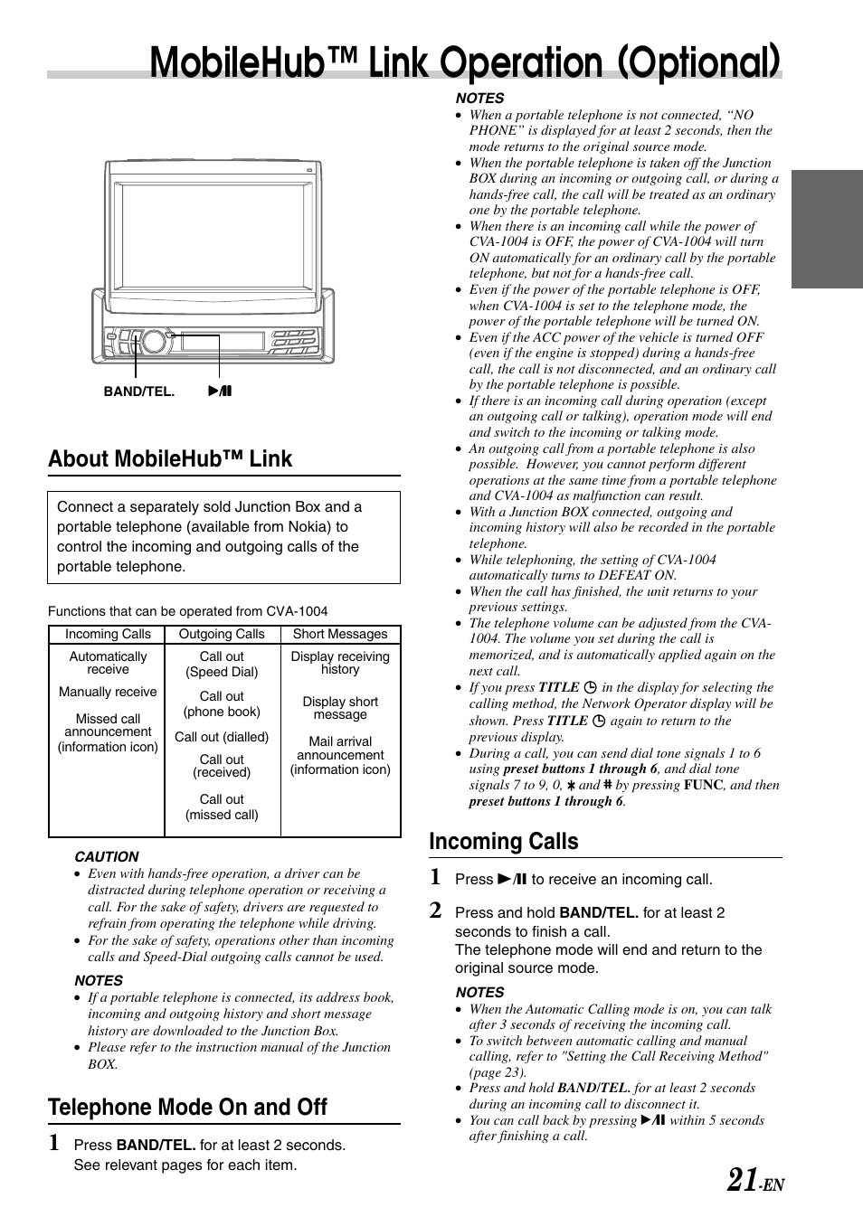 Mobilehub™ link operation (optional), About mobilehub™ link, Telephone mode on and off | Incoming calls | Alpine CVA-1004 User Manual | Page 23 / 57
