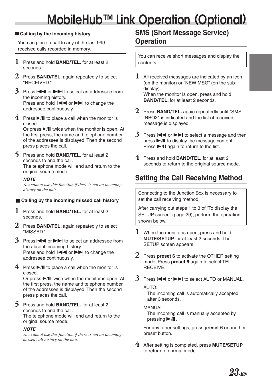 Mobilehub™ link operation (optional), Sms (short message service) operation, Setting the call receiving method | Alpine CVA-1004 User Manual | Page 25 / 57