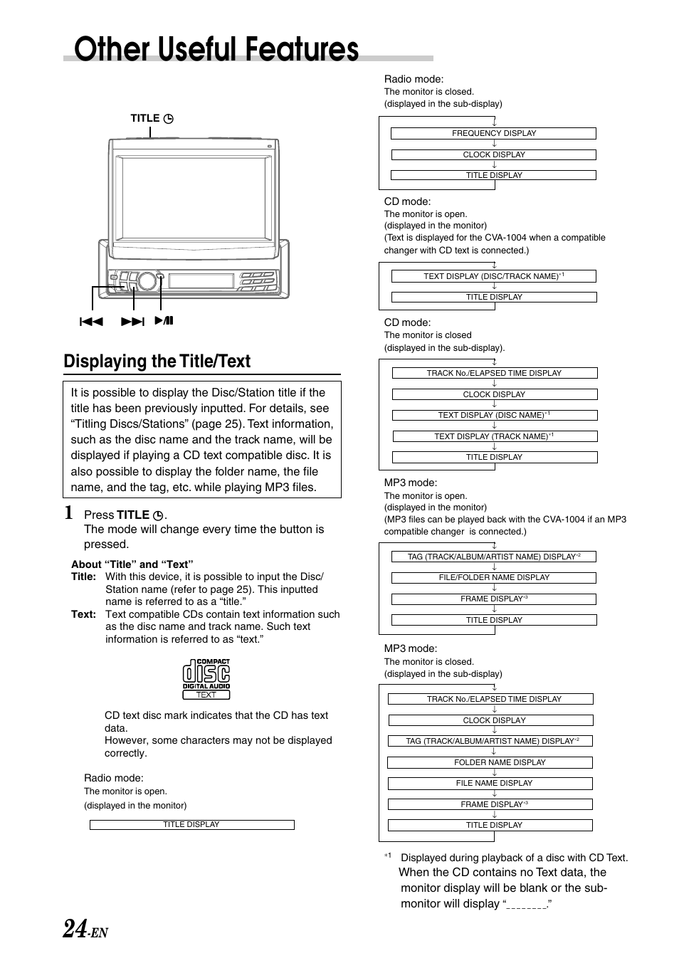 Other useful features, Displaying the title/text | Alpine CVA-1004 User Manual | Page 26 / 57