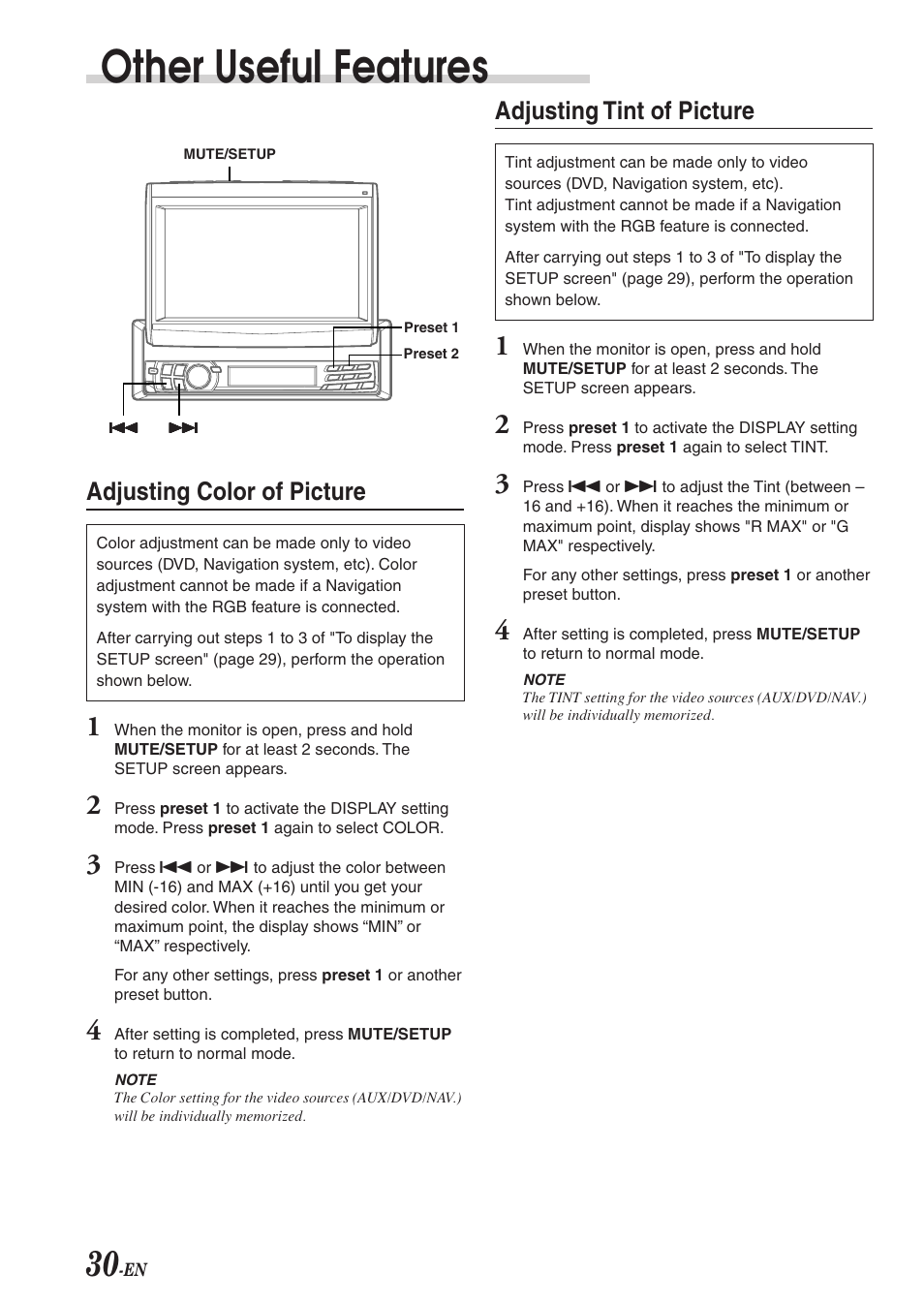 Other useful features, Adjusting color of picture, Adjusting tint of picture | Alpine CVA-1004 User Manual | Page 32 / 57