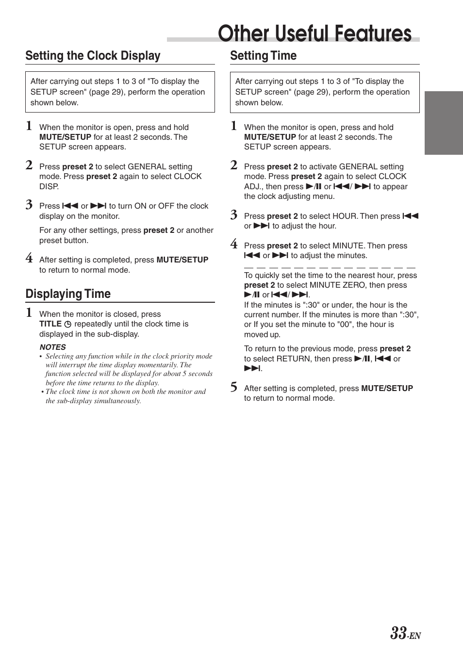 Other useful features, Setting the clock display, Displaying time | Setting time | Alpine CVA-1004 User Manual | Page 35 / 57