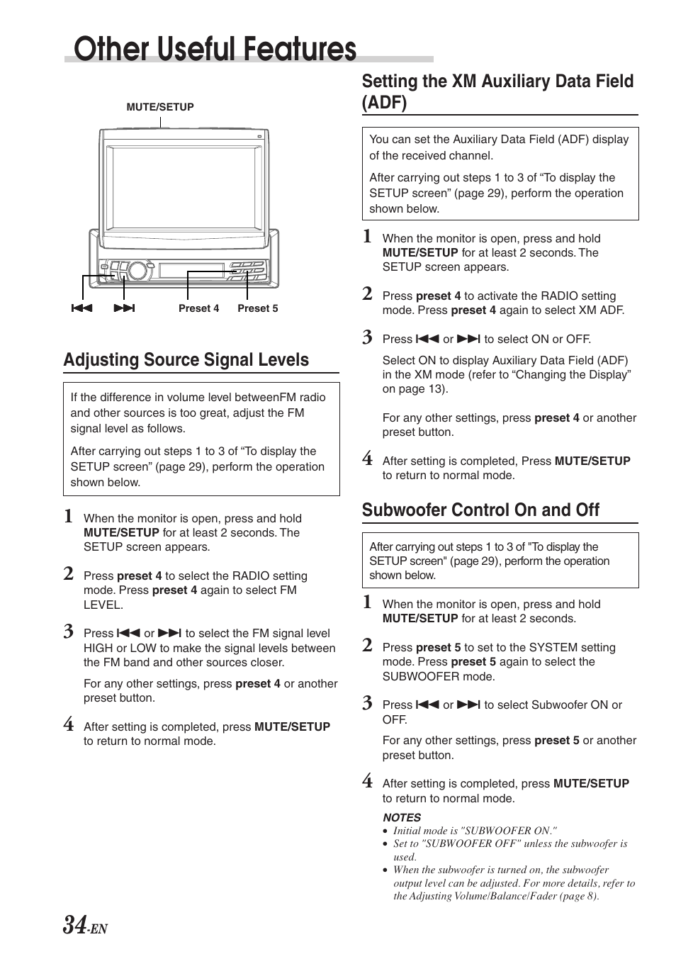 Other useful features, Setting the xm auxiliary data field (adf), Subwoofer control on and off | Adjusting source signal levels | Alpine CVA-1004 User Manual | Page 36 / 57