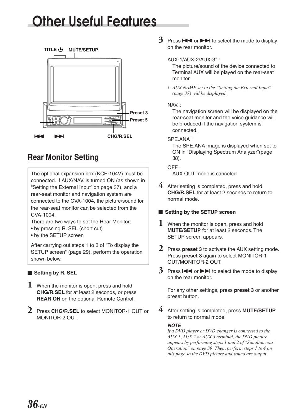 Other useful features, Rear monitor setting | Alpine CVA-1004 User Manual | Page 38 / 57