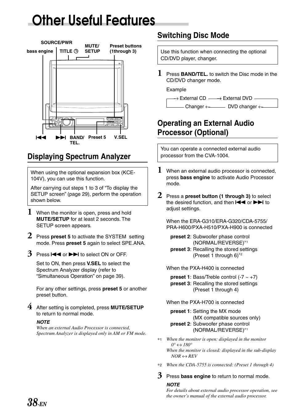 Other useful features, Switching disc mode, Operating an external audio processor (optional) | Displaying spectrum analyzer | Alpine CVA-1004 User Manual | Page 40 / 57