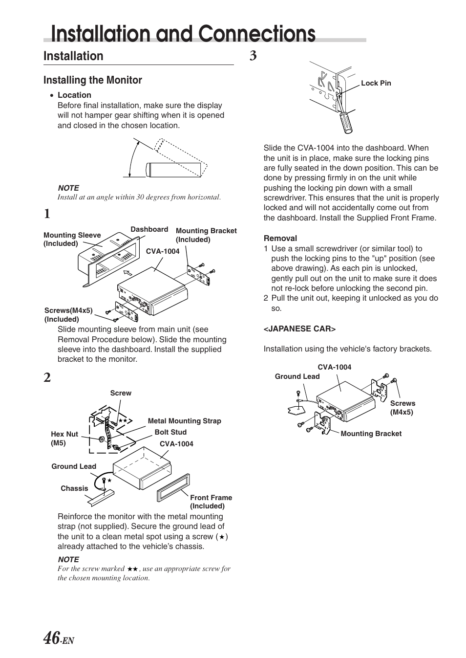 Installation and connections, Installation, Installing the monitor | Alpine CVA-1004 User Manual | Page 48 / 57