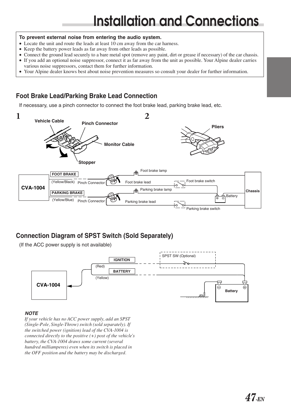 Installation and connections, Foot brake lead/parking brake lead connection | Alpine CVA-1004 User Manual | Page 49 / 57