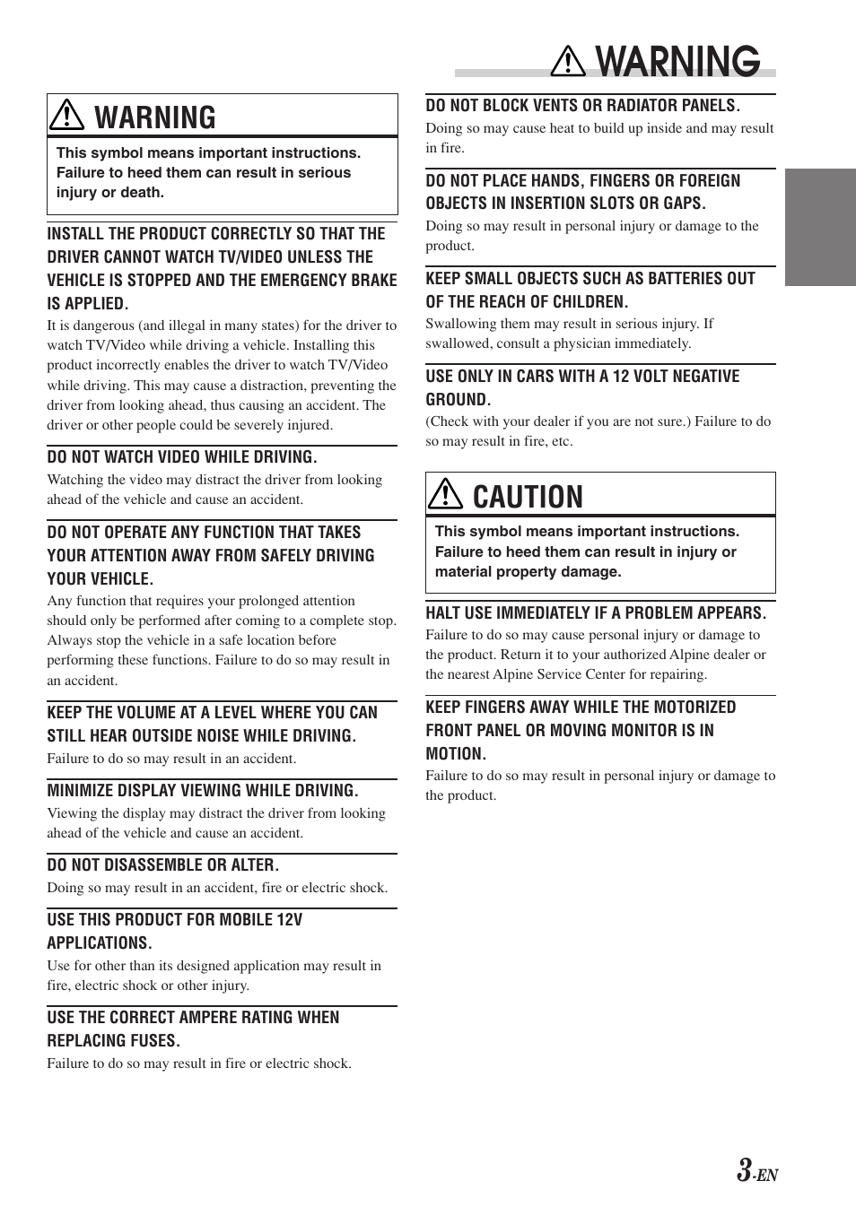 Warning, Caution | Alpine CVA-1004 User Manual | Page 5 / 57