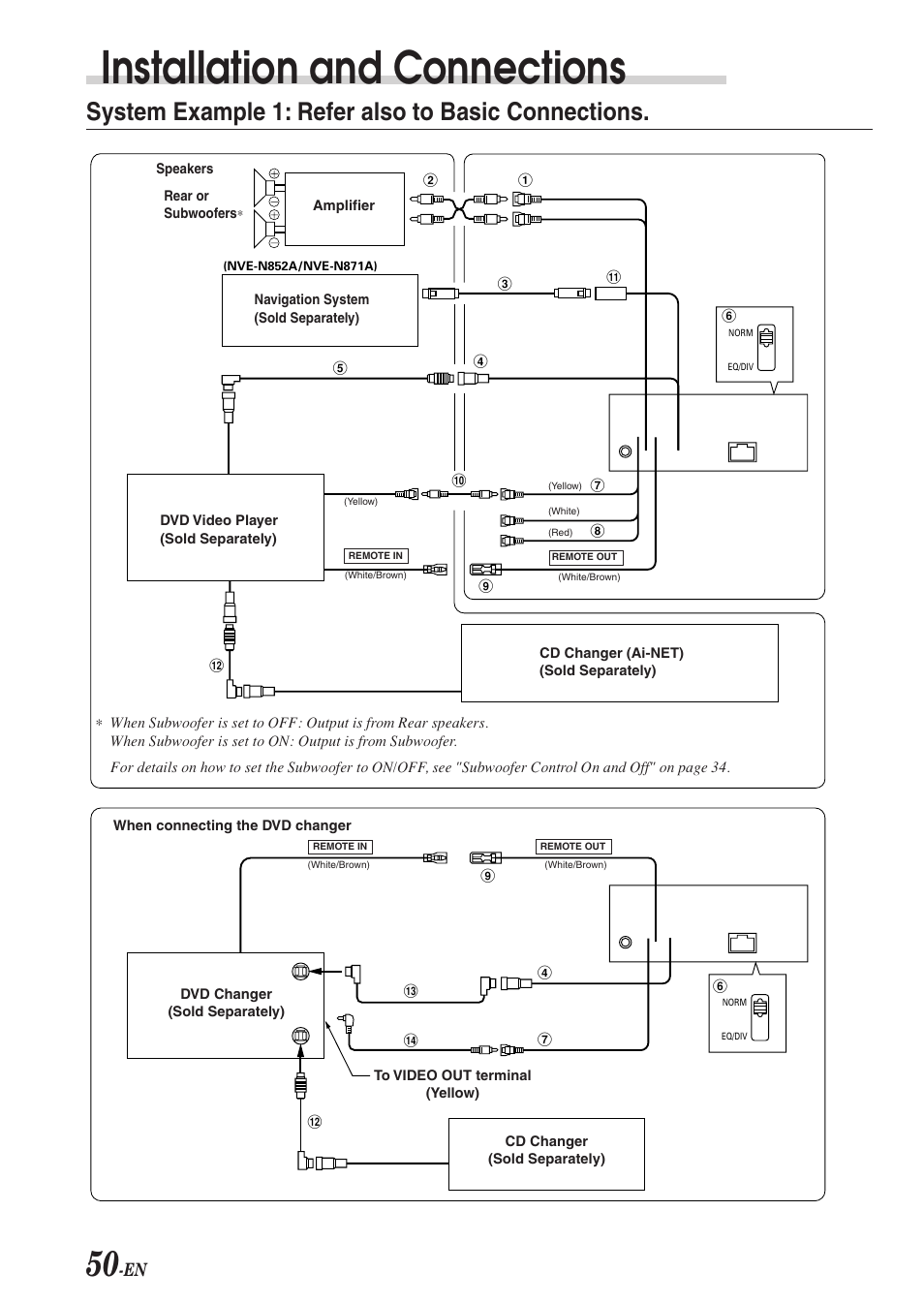 Installation and connections, System example 1: refer also to basic connections | Alpine CVA-1004 User Manual | Page 52 / 57