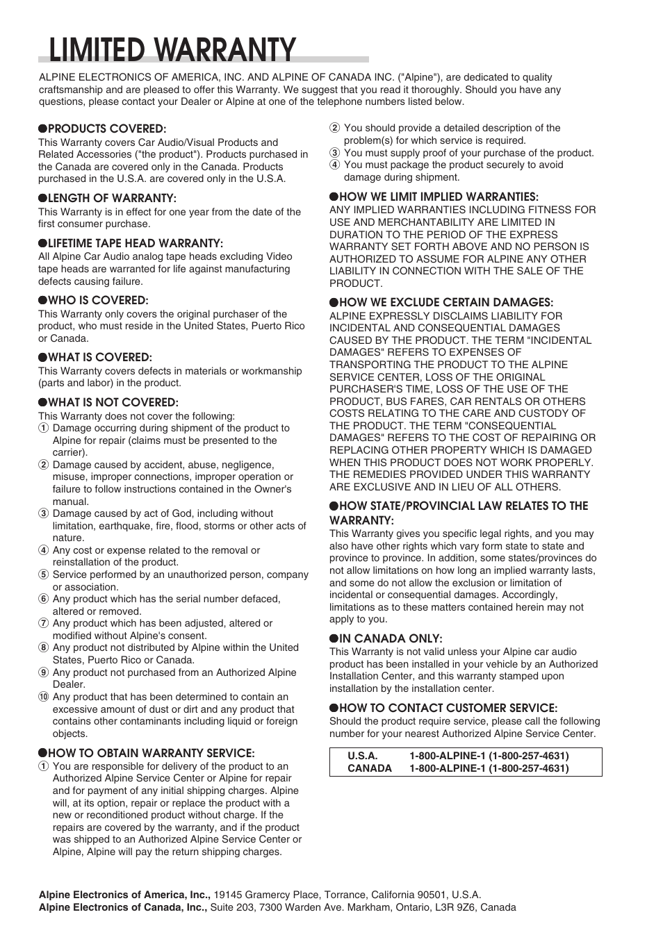 Limited warranty | Alpine CVA-1004 User Manual | Page 56 / 57