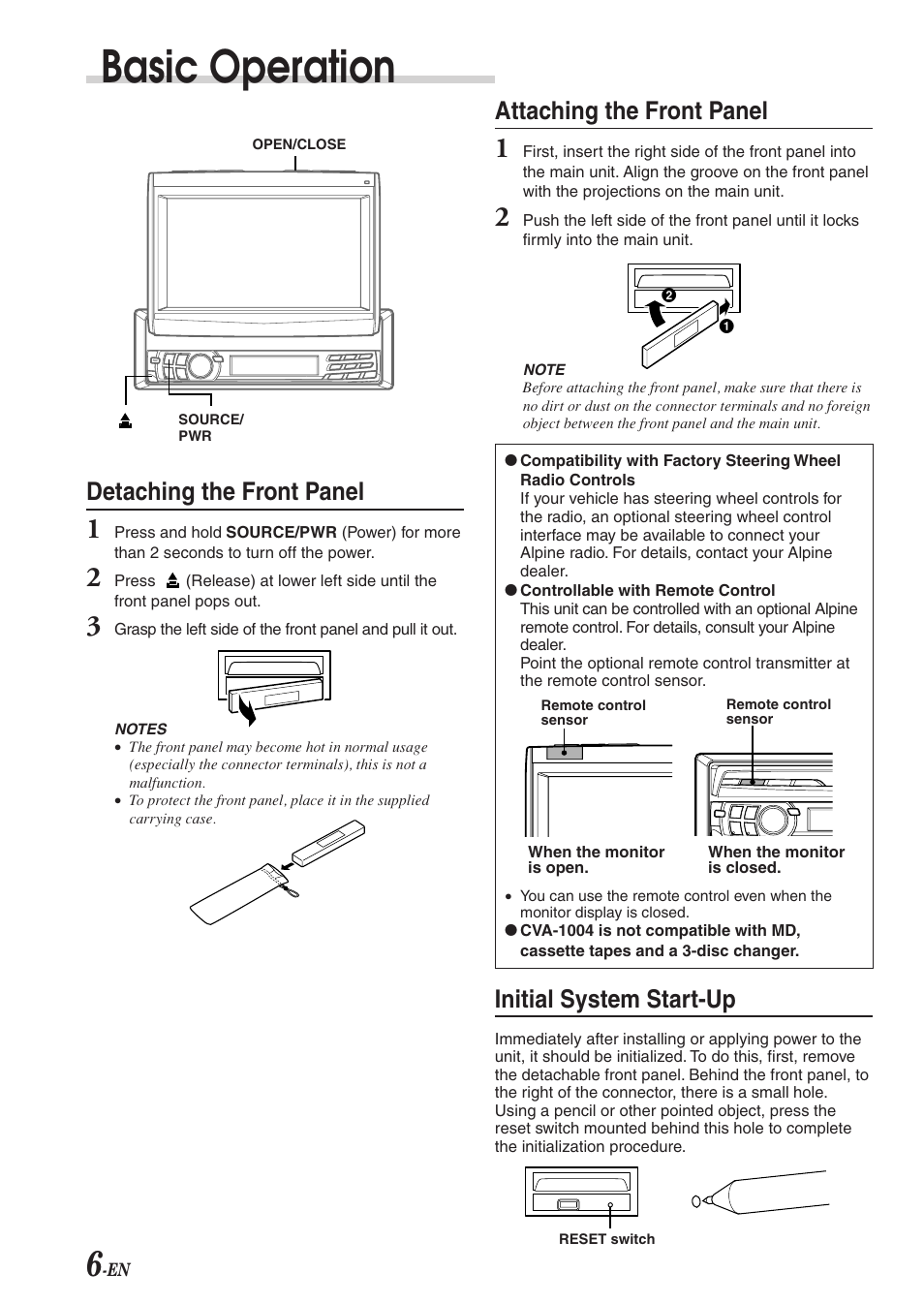 Basic operation, Detaching the front panel, Attaching the front panel | Initial system start-up | Alpine CVA-1004 User Manual | Page 8 / 57