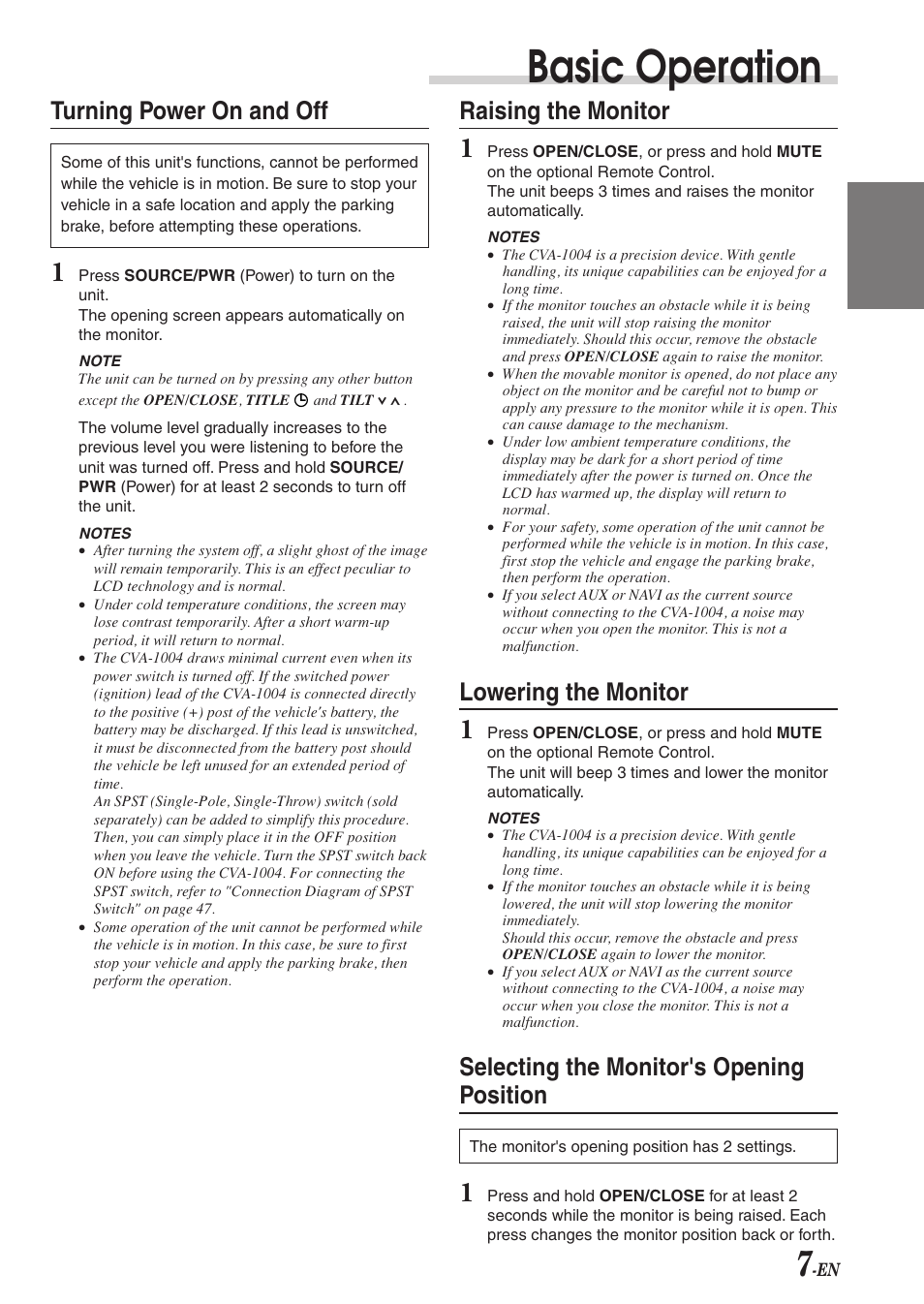 Basic operation, Turning power on and off, Raising the monitor | Lowering the monitor, Selecting the monitor's opening position | Alpine CVA-1004 User Manual | Page 9 / 57