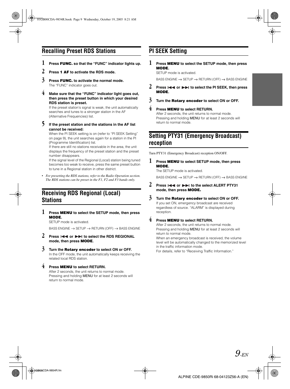 Recalling preset rds stations, Receiving rds regional (local) stations, Pi seek setting | Setting pty31 (emergency broadcast) reception | Alpine CDE-9850Ri User Manual | Page 10 / 62