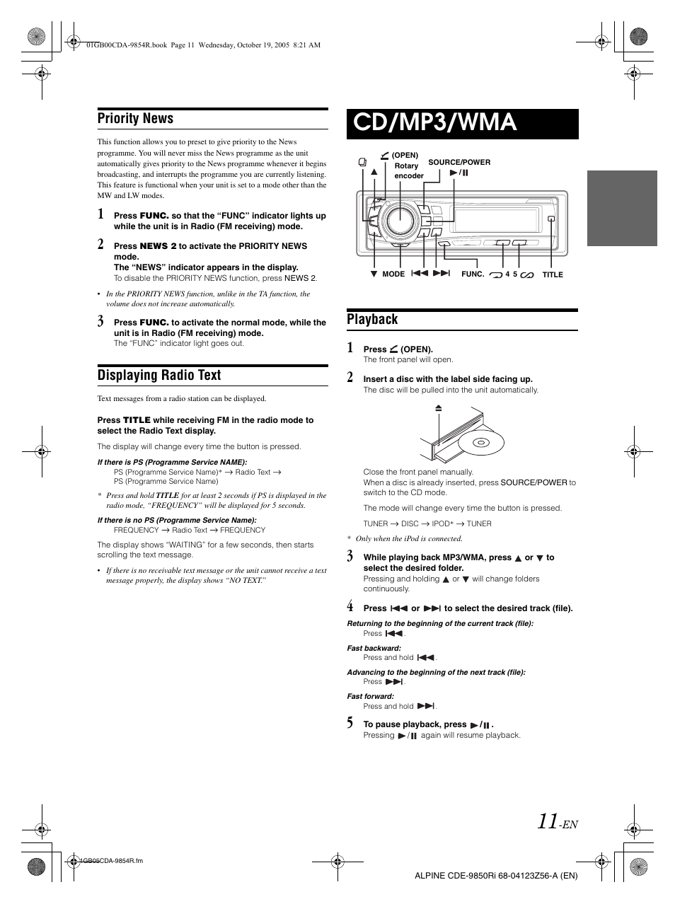 Cd/mp3/wma, Priority news, Displaying radio text | Playback | Alpine CDE-9850Ri User Manual | Page 12 / 62