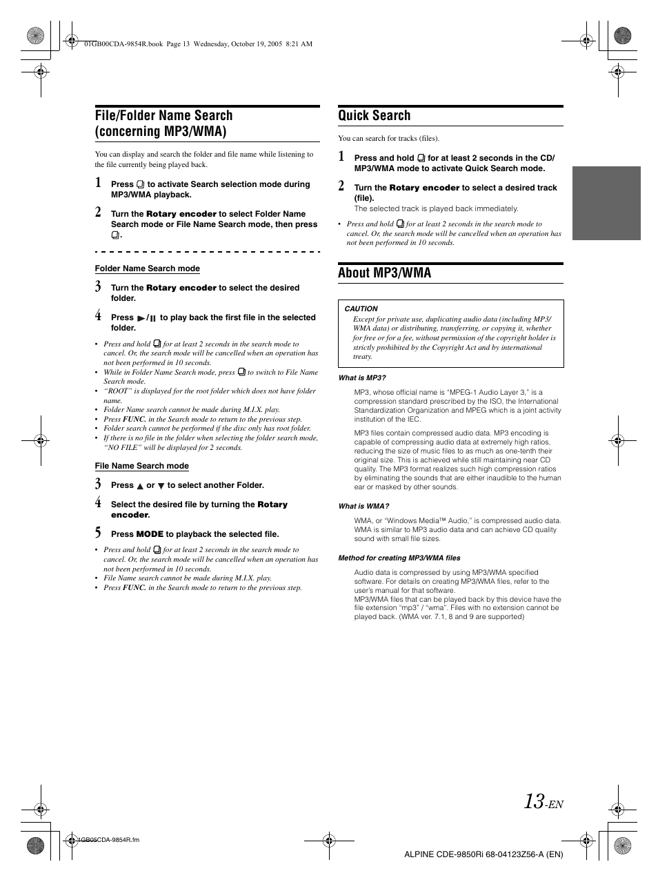 File/folder name search (concerning mp3/wma), Quick search, About mp3/wma | Alpine CDE-9850Ri User Manual | Page 14 / 62
