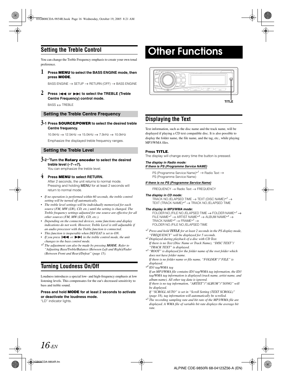 Other functions, Setting the treble control, Turning loudness on/off | Displaying the text | Alpine CDE-9850Ri User Manual | Page 17 / 62