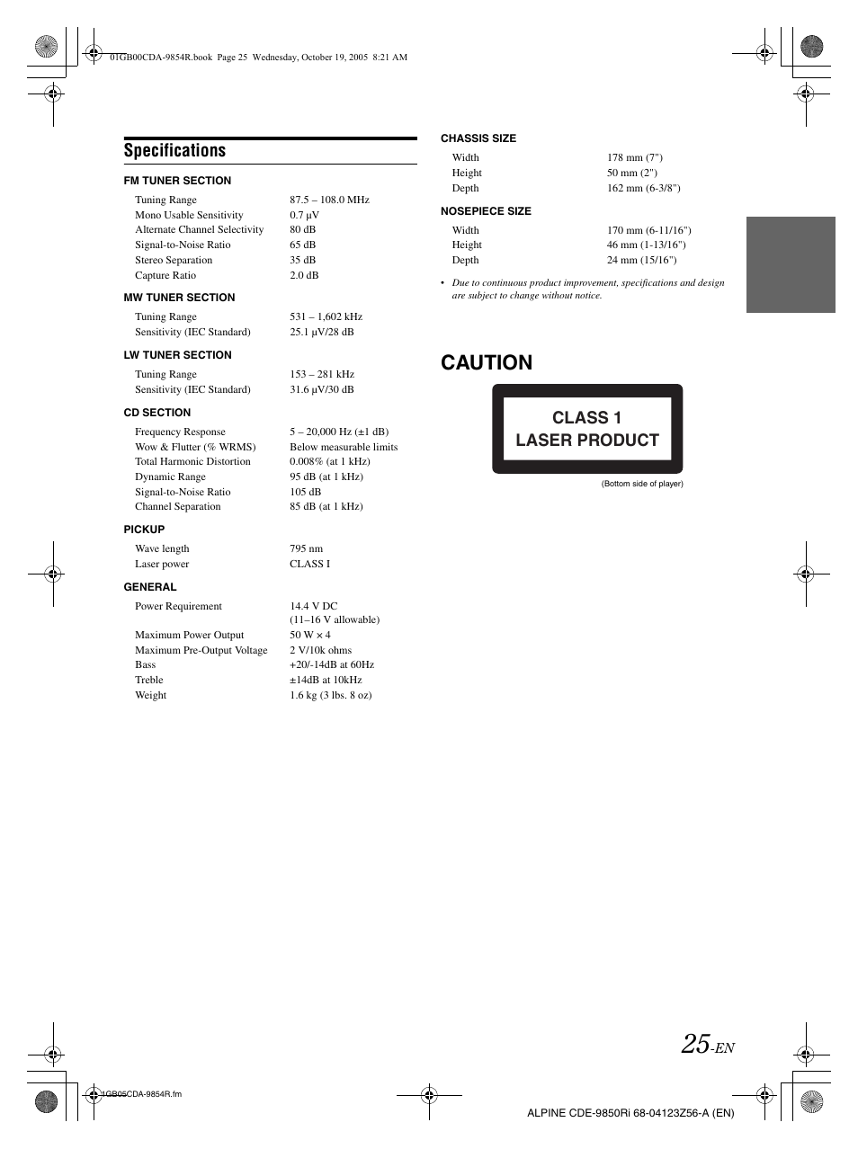 Caution, Specifications, Class 1 laser product | Alpine CDE-9850Ri User Manual | Page 26 / 62