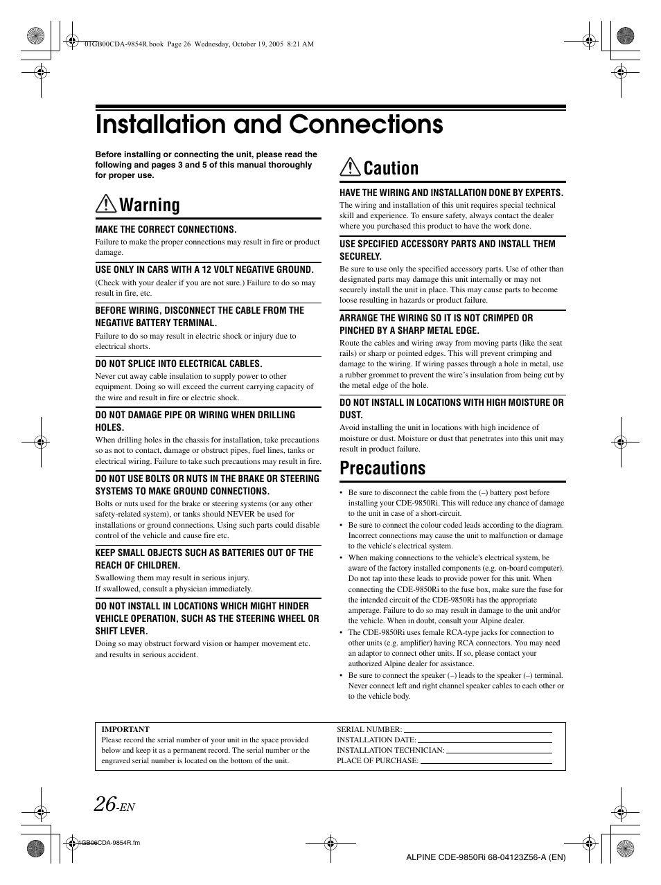 Installation and connections, Warning, Caution | Precautions | Alpine CDE-9850Ri User Manual | Page 27 / 62