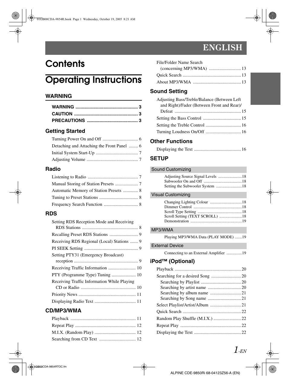 Contents operating instructions, English | Alpine CDE-9850Ri User Manual | Page 31 / 62
