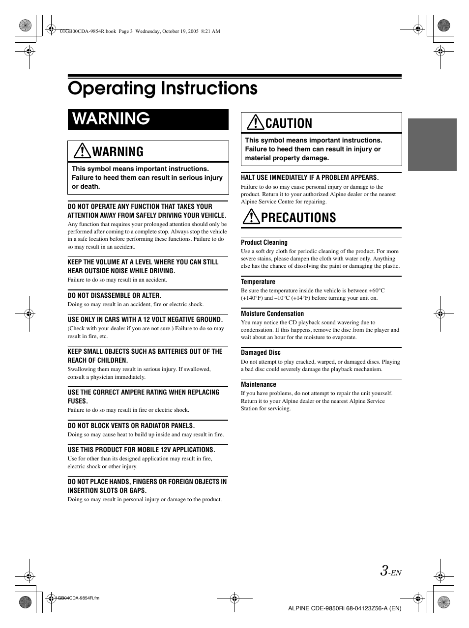 Operating instructions, Warning, Precautions | Caution | Alpine CDE-9850Ri User Manual | Page 33 / 62