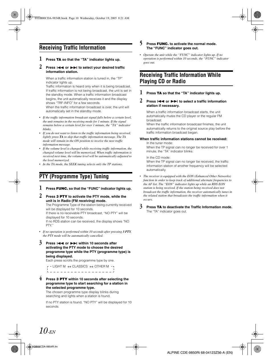 Receiving traffic information, Pty (programme type) tuning | Alpine CDE-9850Ri User Manual | Page 40 / 62