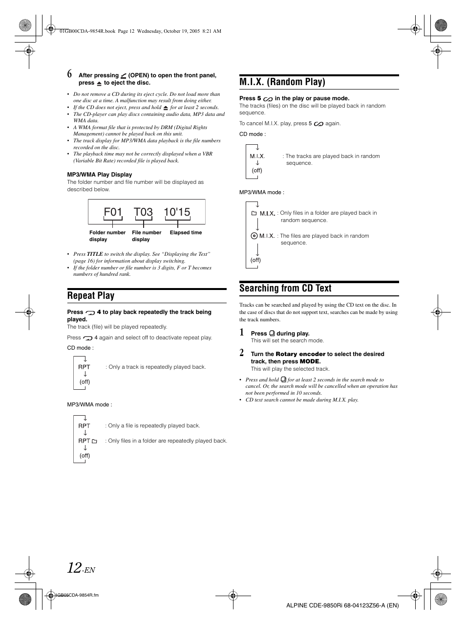 Repeat play, M.i.x. (random play), Searching from cd text | Alpine CDE-9850Ri User Manual | Page 42 / 62