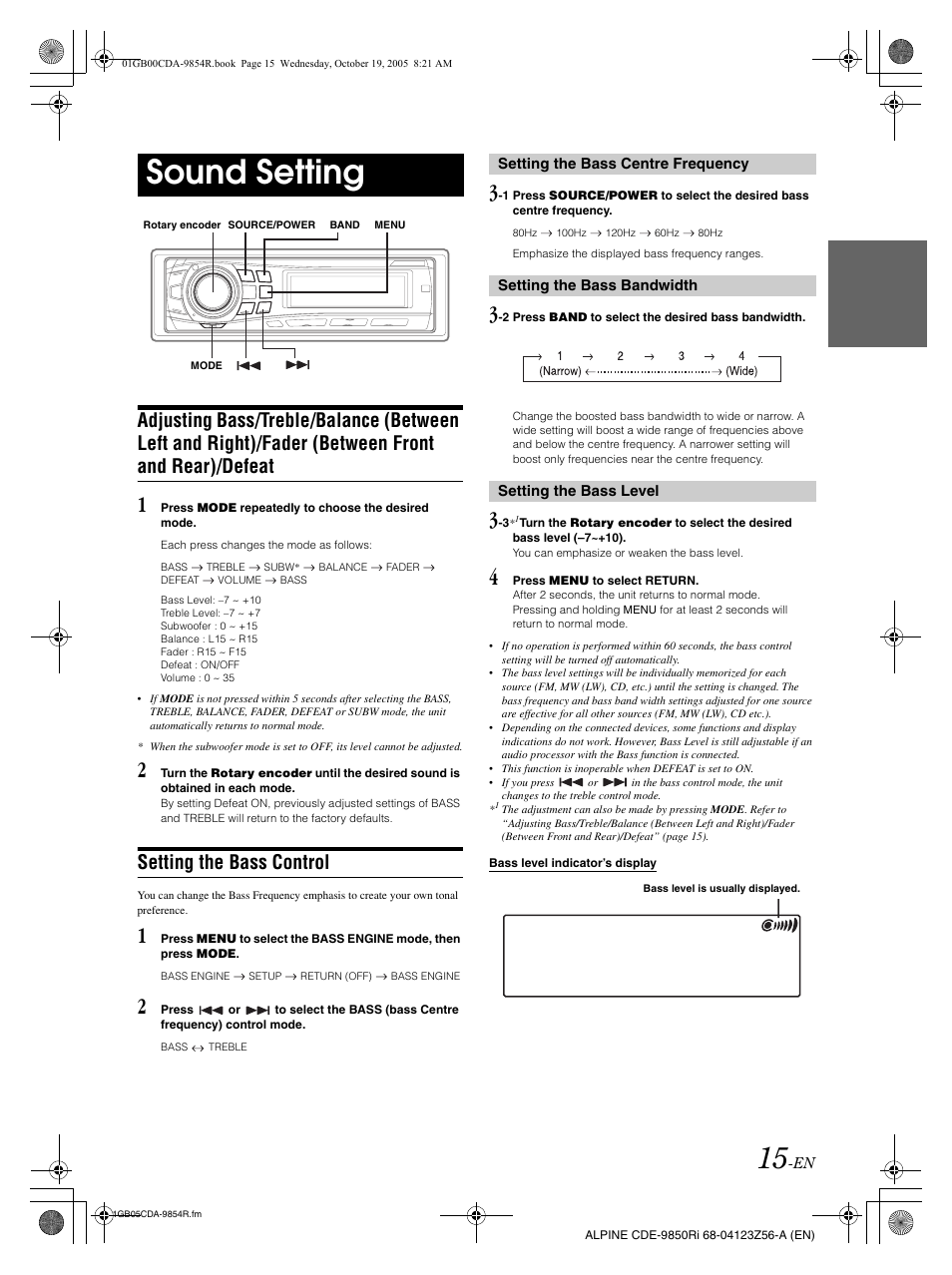 Sound setting, Setting the bass control | Alpine CDE-9850Ri User Manual | Page 45 / 62