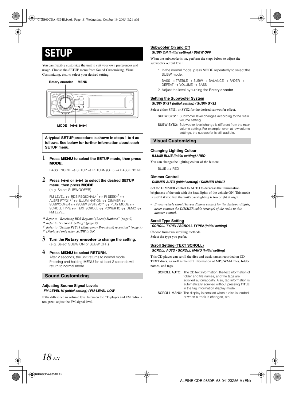 Setup, Sound customizing, Visual customizing | Alpine CDE-9850Ri User Manual | Page 48 / 62