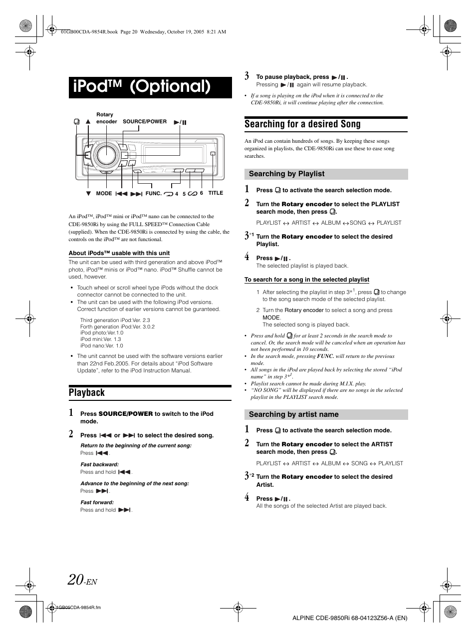 Ipod™ (optional), Playback, Searching for a desired song | Alpine CDE-9850Ri User Manual | Page 50 / 62