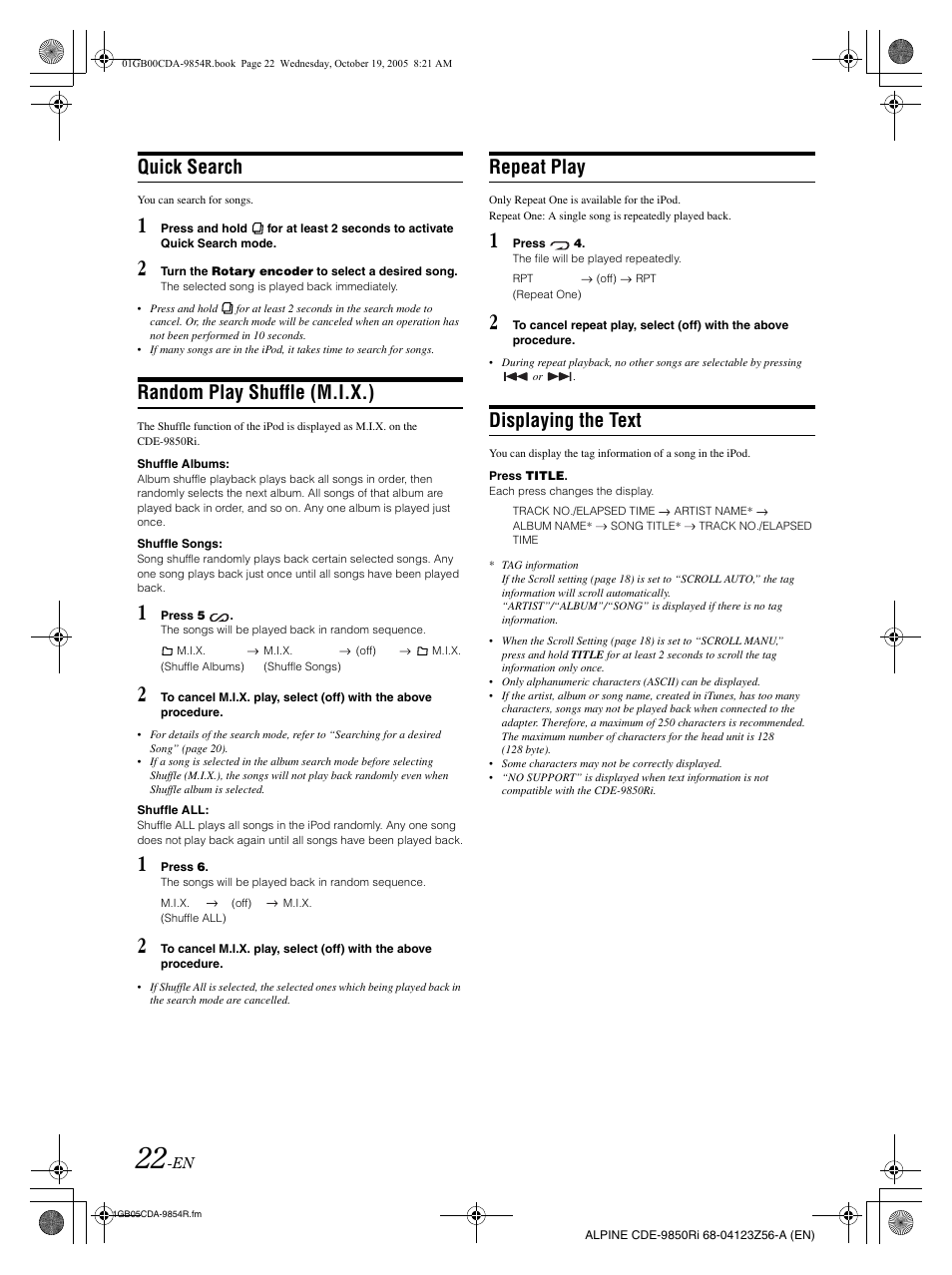 Quick search, Random play shuffle (m.i.x.), Repeat play | Displaying the text | Alpine CDE-9850Ri User Manual | Page 52 / 62