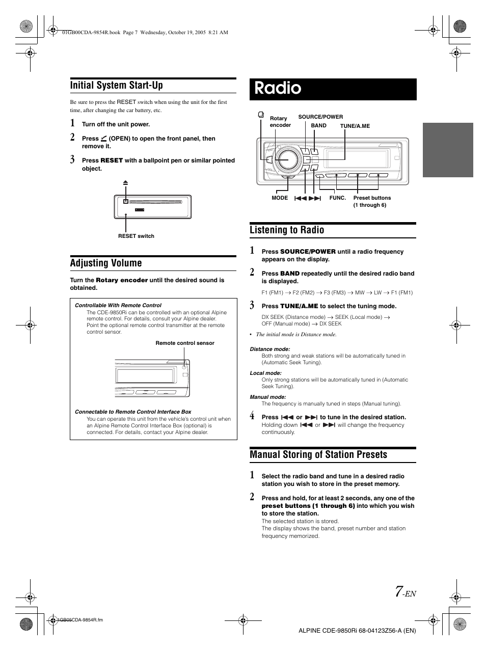 Radio, Initial system start-up, Adjusting volume | Listening to radio, Manual storing of station presets | Alpine CDE-9850Ri User Manual | Page 8 / 62