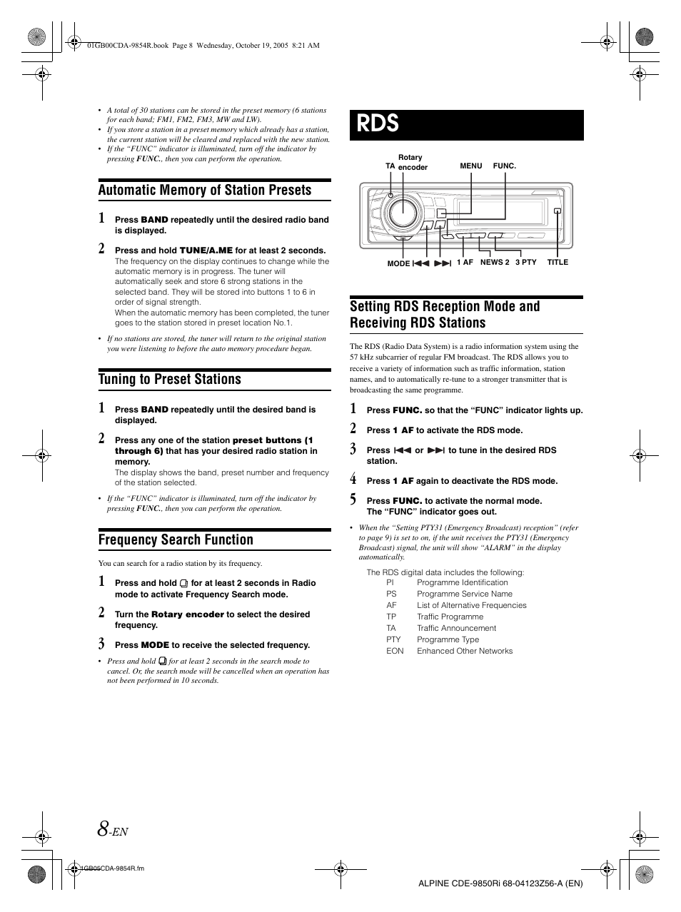 Tuning to preset stations, Frequency search function | Alpine CDE-9850Ri User Manual | Page 9 / 62